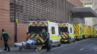COVID-19 effect: Ambulances queue outside the Royal London Hospital.