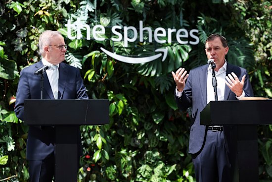 Prime Minister Anthony Albanese and Amazon Web Services CEO Matt Garman, at a press conference during the Prime Minister’s visit to the Amazon Spheres in Seattle, United States of America, on Saturday 14 June 2025. fedpol Photo: Alex Ellinghausen