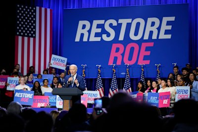 US President Joe Biden speaks about abortion access during a Democratic National Committee event at the Howard Theatre in Washington. 