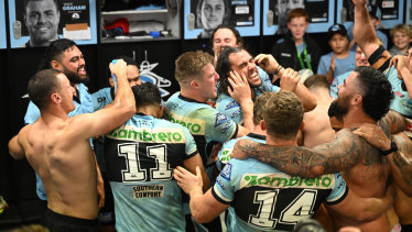 Toby Rudolf was at the centre of the the Sharks’ celebrations in the sheds after the improbable victory. 