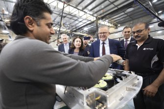 Albanese with Tony Burke, Terri Butler and Jim Chalmers at Tritium, a EV battery manufacturer in Murarrie, Queensland.