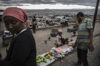 A vendor selling goods in Antananarivo, Madagascar, in late May 2019.