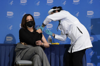 US Vice-President Kamala Harris receives her second dose of the COVID-19 vaccine at the National Institutes of Health in Bethesda, Maryland, Tuesday.