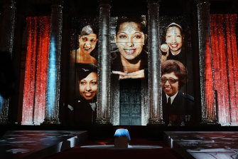 Image of U.S.-born entertainer, anti-Nazi spy and civil rights activist Josephine Baker is projected on the Pantheon monument during the ceremony.