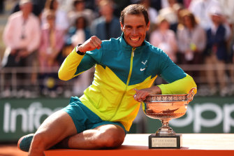 Rafael Nadal celebrates after winning the French Open