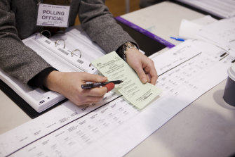 A polling officer holds a House of Representatives ballot in the 2019 election in Melbourne. Below it is a white Senate ballot, which offers streamlined voting if you number at least six boxes above the black line.