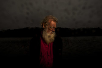 Bruce Pascoe at his property in Gipsy Point last month as bushfires ripped through the region.