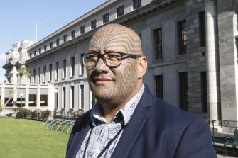 Maori Party co-leader Rawiri Waititi poses for a photo outside New Zealand’s Parliament in Wellington. 