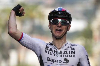 Matej Mohoric celebrates after becoming the first Slovenian to win Milan-Sanremo. 