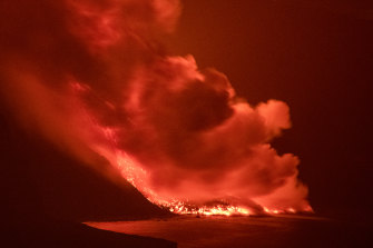 Lava from the La Palma volcano reaches the ocean in the early hours of Wednesday.