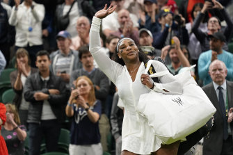 Serena Williams farewells the Centre Court crowd following her three-set loss to Harmony Tan.