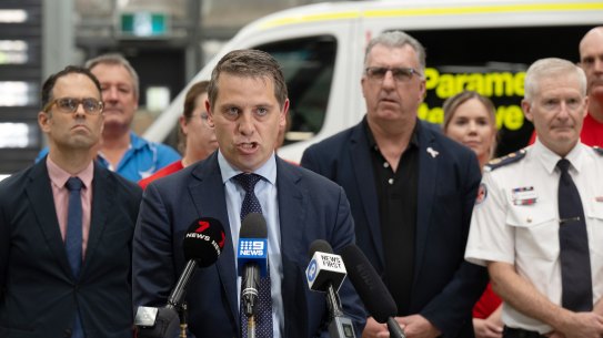 Treasurer Daniel Mookhey, Health Minister Ryan Park, HSU secretary Gerard Hayes and Ambulance Commissioner Dominic Morgan joined paramedics at Randwick Ambulance station to announce the pay agreement.