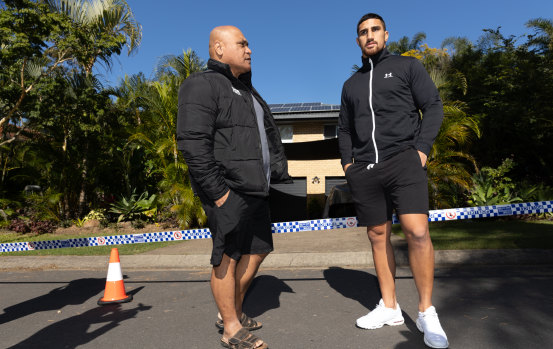 Rocki (left) and Justis Huni outside of their Sunnybank Hills home, which was sprayed with bullets.