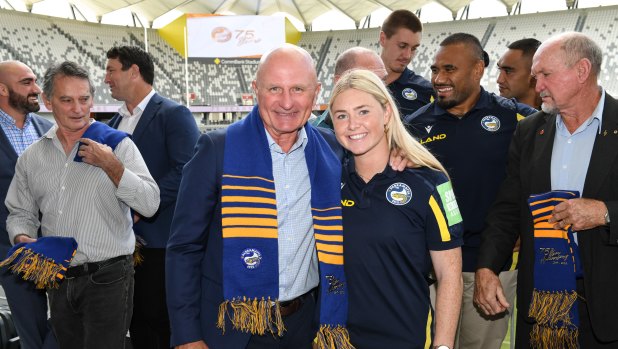 Peter Sterling and NRLW star Maddie Studdon at the Parramatta Eels’ 75th anniversary luncheon.