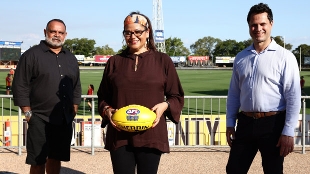 Michael Long, AFL inclusion and social policy boss Tanya Hosch, and Gavin Wanganeen in Darwin last year. 