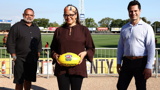 Michael Long, AFL inclusion and social policy boss Tanya Hosch, and Gavin Wanganeen in Darwin this week. 