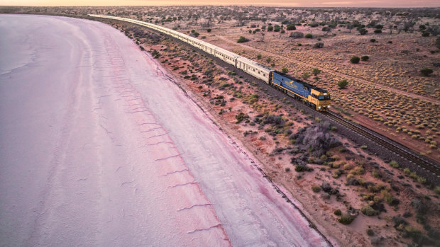 The Indian Pacific train travels from Sydney to Perth via Adelaide, crossing the Nullarbor Plain on its 4352-kilometre journey.