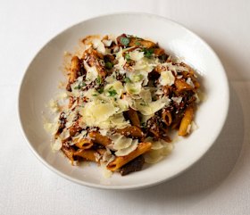 Penne with beef ragu and shaved parmesan at Marios Cafe in Fitzroy.
