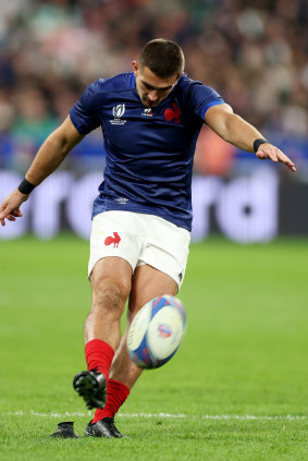 Thomas Ramos of France kicks their side’s second penalty.