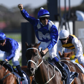 Champions: Hugh Bowman stands tall in the irons after another Winx victory