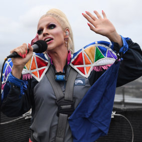 International drag queen superstar Courtney Act performed on the iconic Sydney Harbour Bridge.