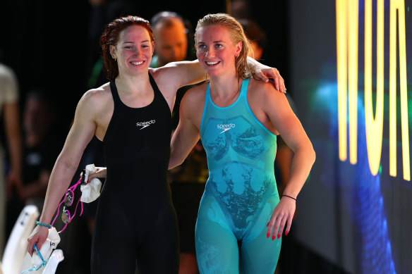 Mollie O’Callaghan and Ariarne Titmus after their epic 200m freestyle final.
