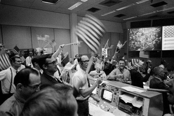 Celebrations on July 24, 1969, at the conclusion of the Apollo 11 mission, from the control room in Houston. 