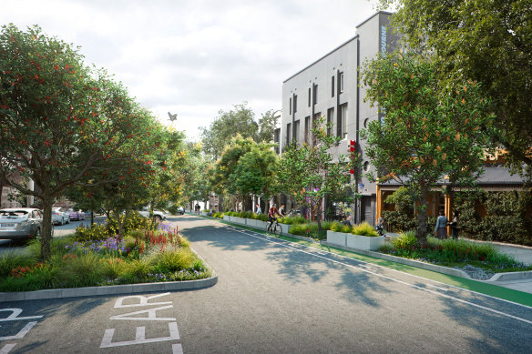An artist’s render showing the potential change in Faraday street, Carlton, if on-street car parks were replaced with greenery. 