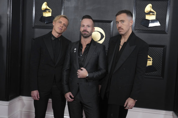 Tyrone Lindqvist, Jon George, and James Hunt of Rufus Du Sol arrive at the ceremony in Los Angeles.