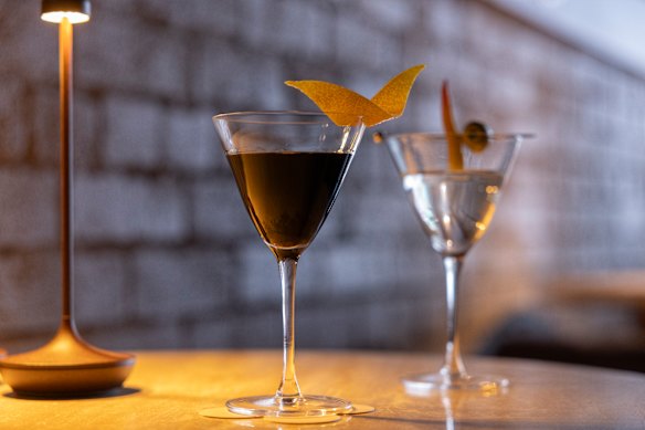 A Manhattan amped up with balsamic vinegar (front) and a peperoncini martini with pickled chilli.