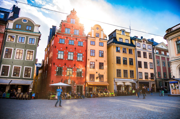 Charming gingerbread-style houses in Stockholm’s town square.