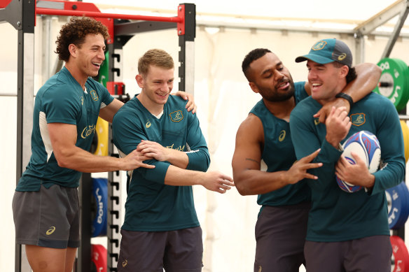 Mark Nawaqanitawase, Max Jorgensen, Samu Kerevi and Ben Donaldson during a Wallabies gym session.