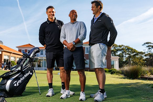 Dan Carter, Richie McCaw and George Gregan pose for a photograph ahead of a Global Rugby Players Foundation charity golf event at the Bonnie Doon Golf Club.