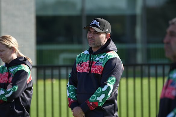 Nathan Merritt watches Souths training during Indigenous Round Week in 2024.