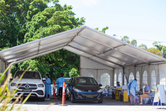 Northern beaches residents arrive at the Avalon coronavirus testing clinic where there was only a short queue on Sunday.