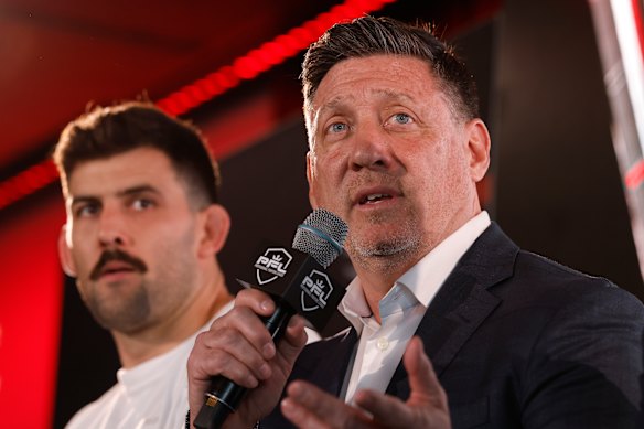 PFL CEO Peter Murray at Tuesday’s launch, with world champion Rob Wilkinson listening on.