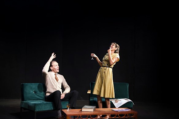 Will Johnston as Peter and Helana Sawires as Ann in Edward Albee's Home At The Zoo at the Marrickville Airport Theatre. Credit: Provided