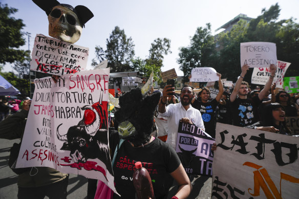 Animal activists protest against the return of bullfighting at the Plaza Mexico, in Mexico City.