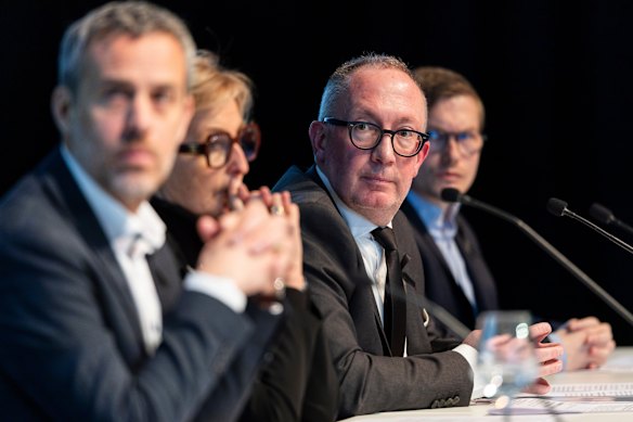 Crans-Montana mayor Nicolas Feraud, centre, addresses the media with other councillors on Tuesday.
