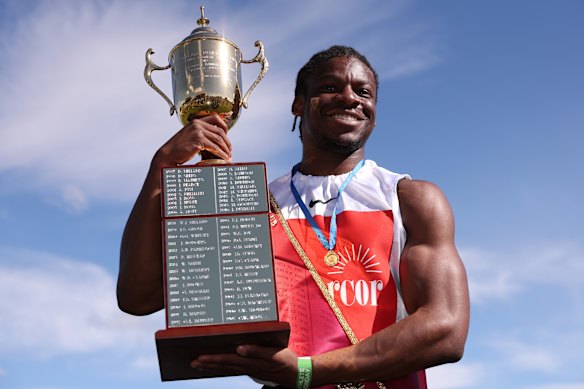 Olufemi Komolafe when he won the Stawell Gift in April.