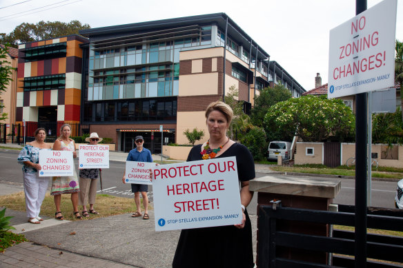 Felicity Weaver with Manly residents who are objecting to the proposed demolition of houses neighbouring Stella Maris College and plans to rezone them for educational use.
