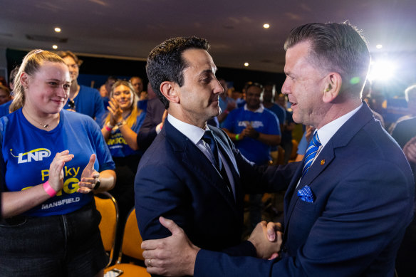 David Crisafulli greets his deputy Jarrod Bleijie at the LNP’s campaign launch in Ipswich, held on the last Sunday before the October election.