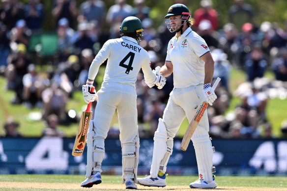 Alex Carey congratulates Mitch Marsh on his half-century.