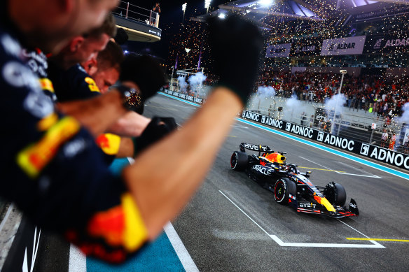 Race winner Max Verstappen crosses the line in Abu Dhabi.