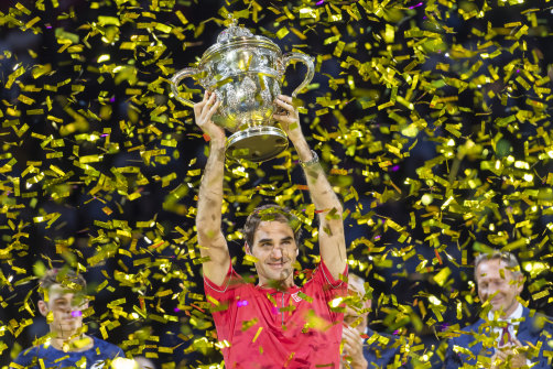 Roger Federer after winning his 10th Swiss Indoors title in Basel on Sunday.