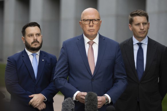 Opposition Leader Peter Dutton on Tuesday with assistant defence spokesman Phillip Thompson (left) and defence spokesman Andrew Hastie.