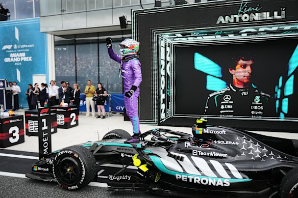 Mercedes driver Kimi Antonelli of Italy celebrates after winning the Miami Formula One Grand Prix.