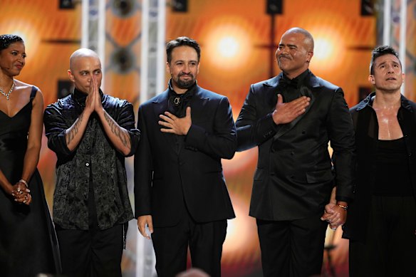 Renee Elise Goldsberry, from left, Lin-Manuel Miranda, and Christopher Jackson perform a medley from Hamilton.
