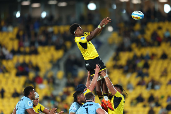 Peter Lakai of the Hurricanes takes a lineout. 