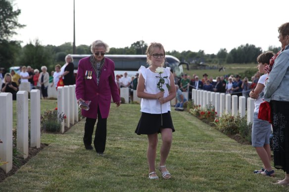 Suzanne Chapman, a retired lawyer from Melbourne, at the Fromelles ceremony to honour her uncle, Edwin Gray.